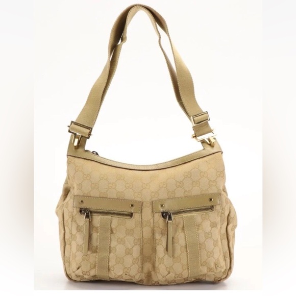 GUCCI GG Canvas Shoulder Bag Beige/olive vintage - Picture 1 of 9